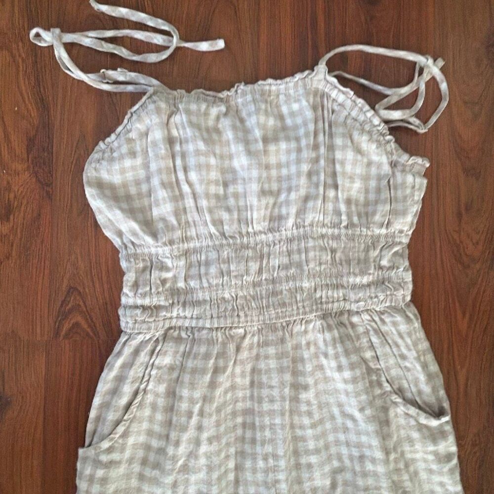 Sincerely Jules gingham 100% cotton tan white pants jumper jumpsuit spaghetti st - Picture 2 of 5